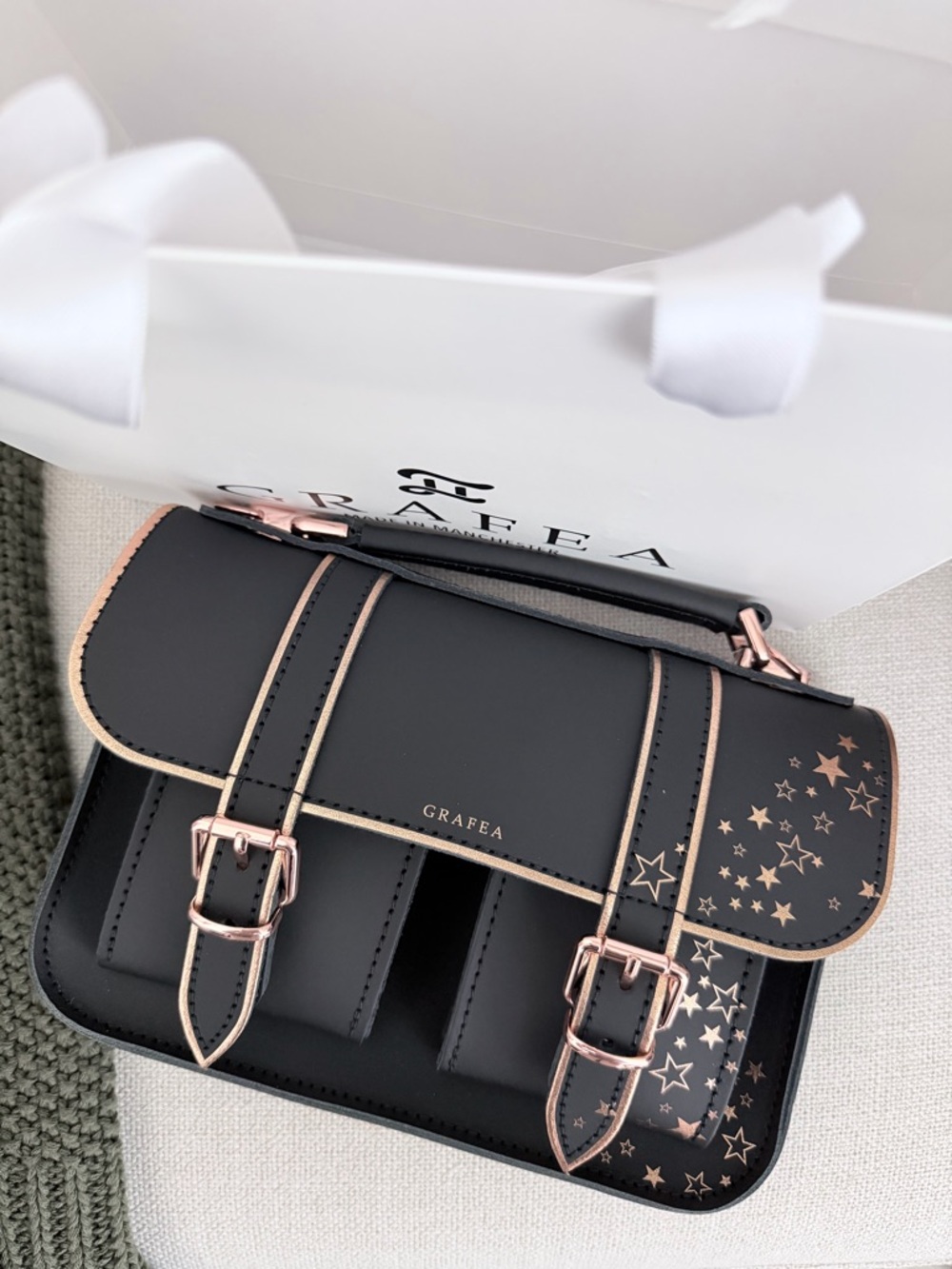Grafea Black Satchel with Rose Gold Star Accents